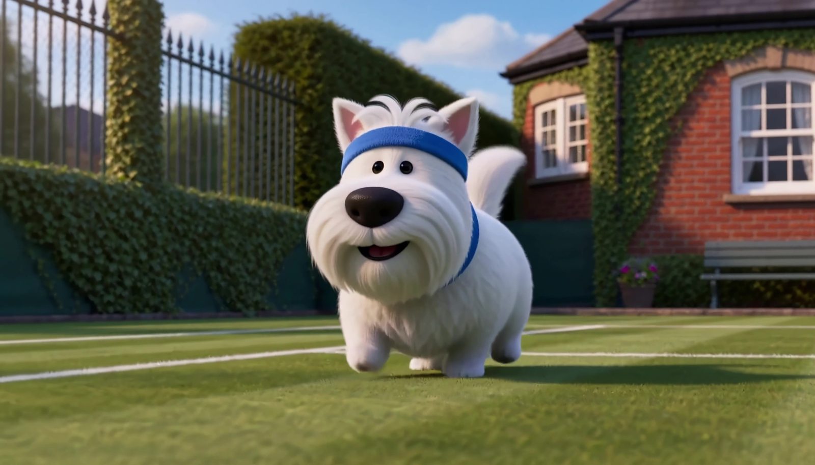 Ace the Westie sprinting across a grass court with an English village garden behind him