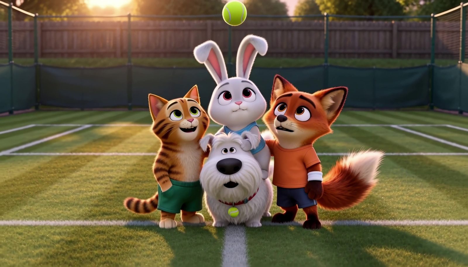 All four Scottie & Friends athletes gathered on a grass court, watching a tennis ball float above them